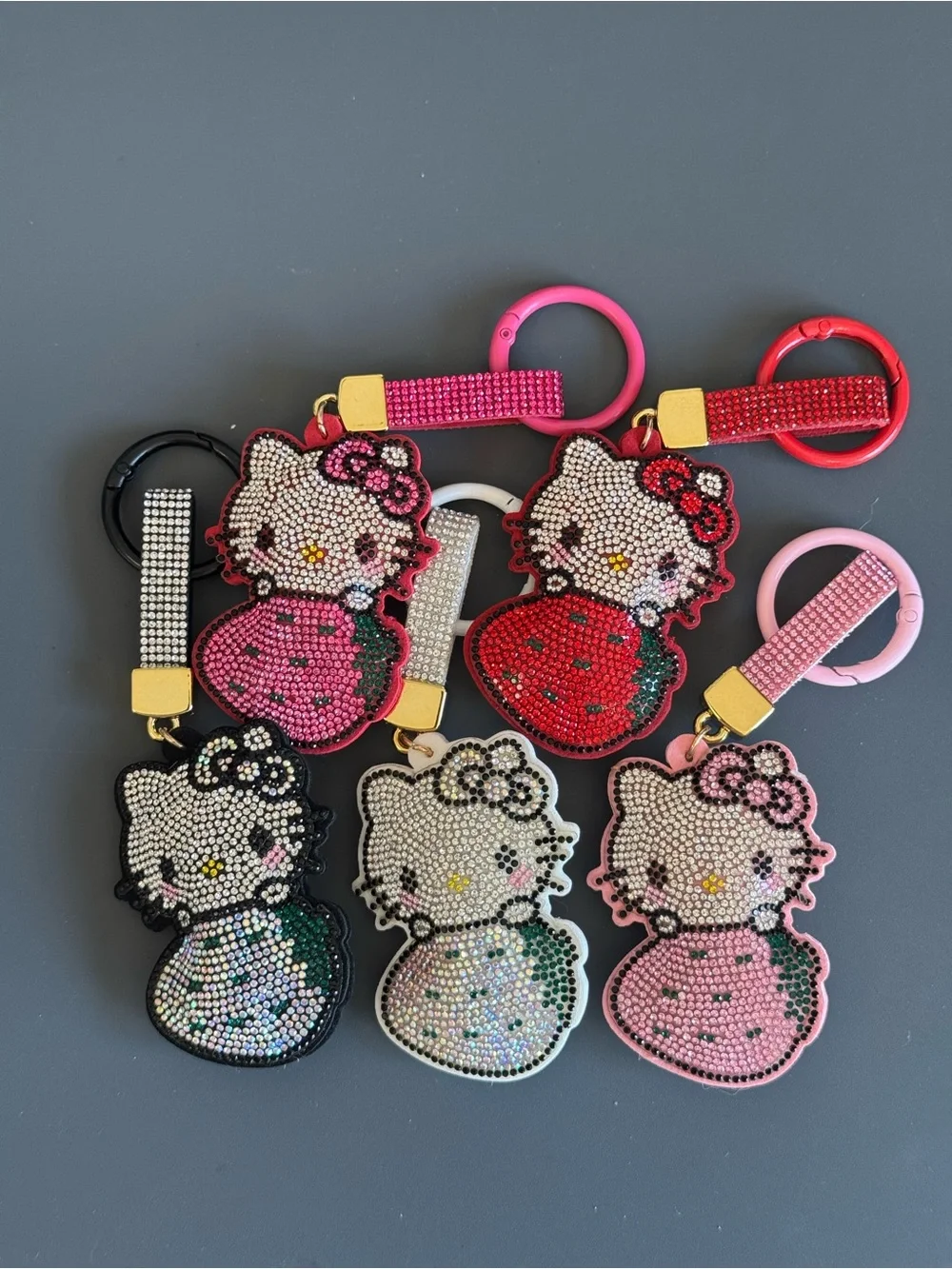 Rhinestone Strawberry HK Kitty Cartoon Character Keychain Bag Charm (Hot Pink)